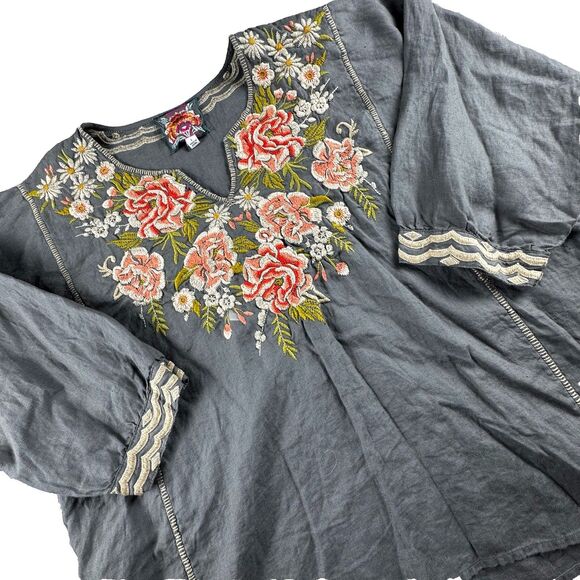 Johnny Was Tops - Johnny Was Embroidered Linen Top Women L Gray Floral Tunic Long Sleeve Boho